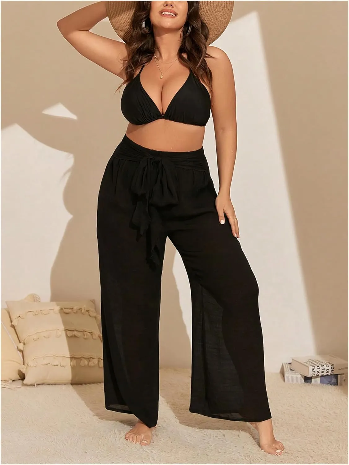 Women's Plus Size Swimsuit Coverups Tie Front Bikini Cover Up Beach Pants Bathing Suit Cover Up Pants