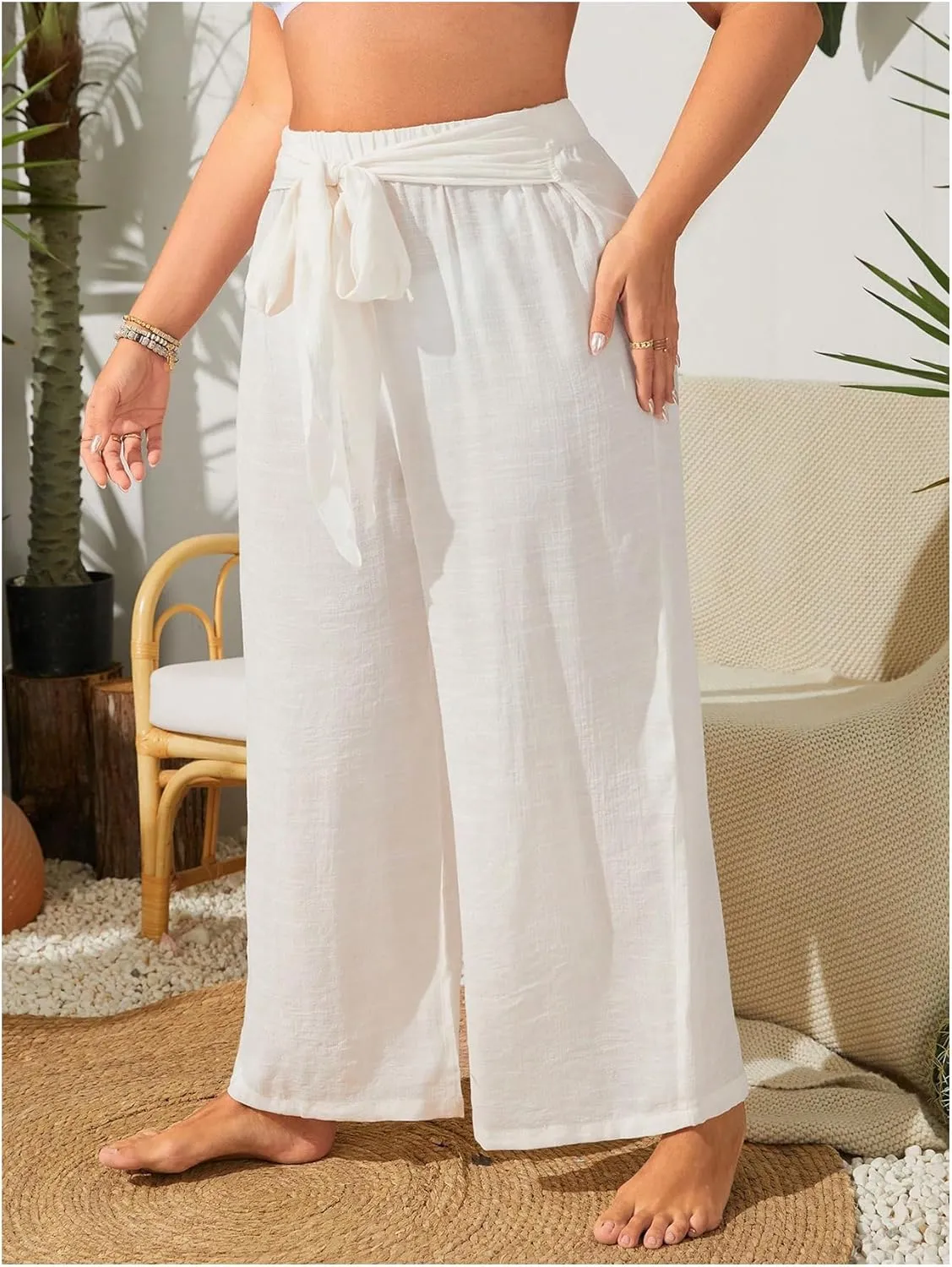 Women's Plus Size Swimsuit Coverups Tie Front Bikini Cover Up Beach Pants Bathing Suit Cover Up Pants
