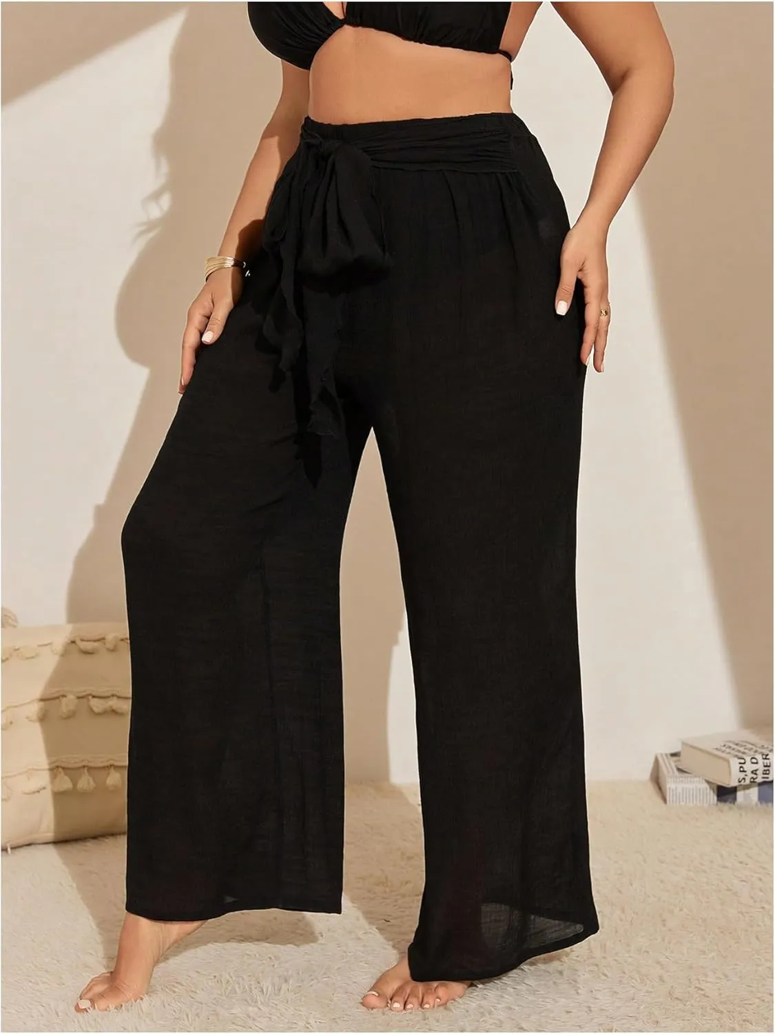 Women's Plus Size Swimsuit Coverups Tie Front Bikini Cover Up Beach Pants Bathing Suit Cover Up Pants
