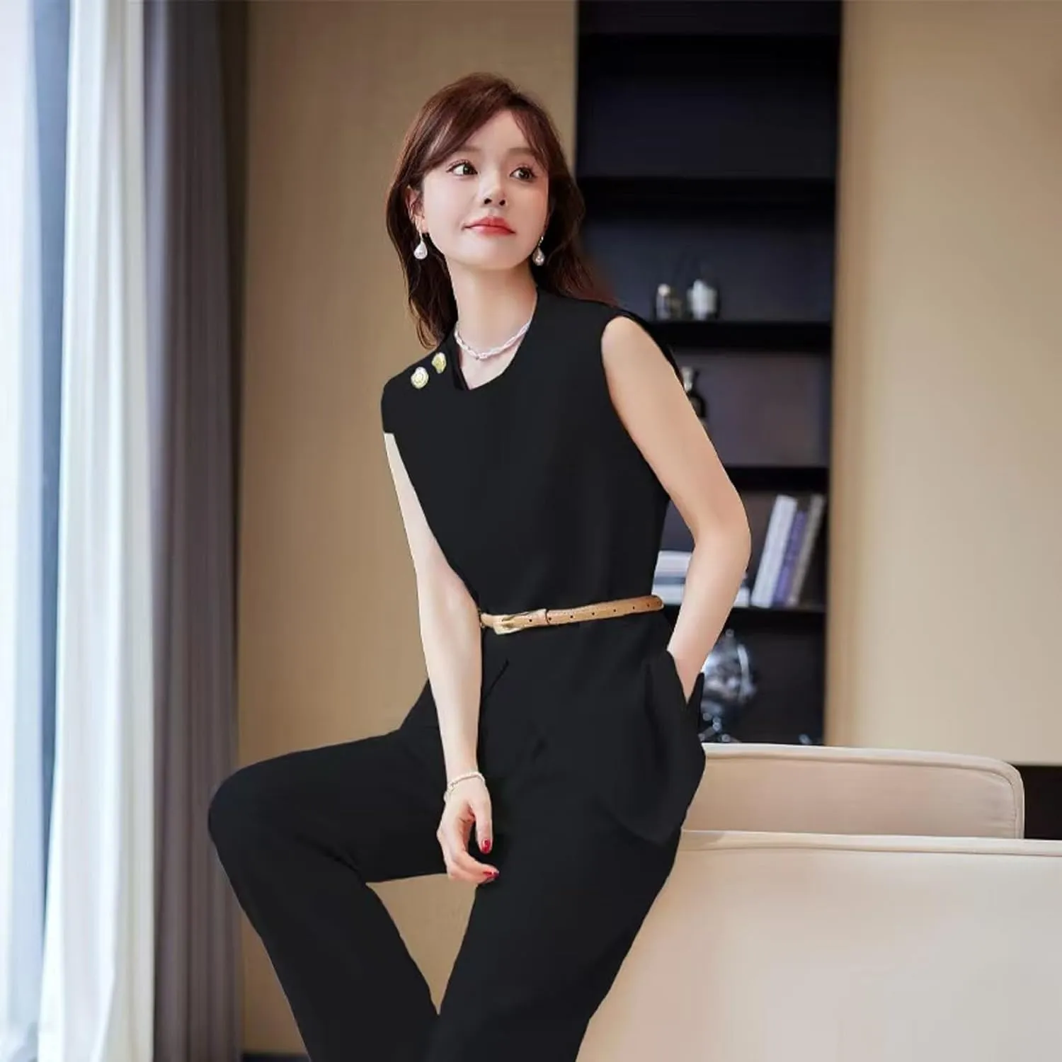 Womens Sleeveless Suit Vest and Wide Leg Pants Business Summer Casual Top Blazer Jacket Suit Sets for Women 2 Piece Outfits