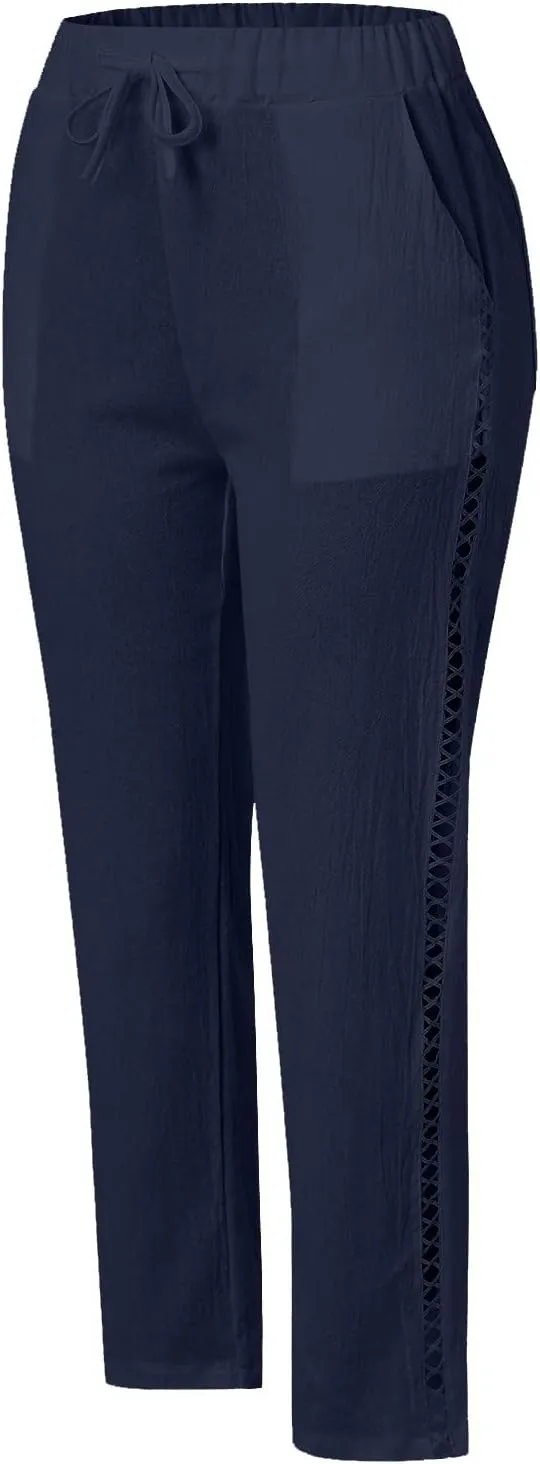 Women's Summer Casual Linen Pants Capris Drawstring Elastic High Waist Cotton Linen Cropped Trousers with Pockets