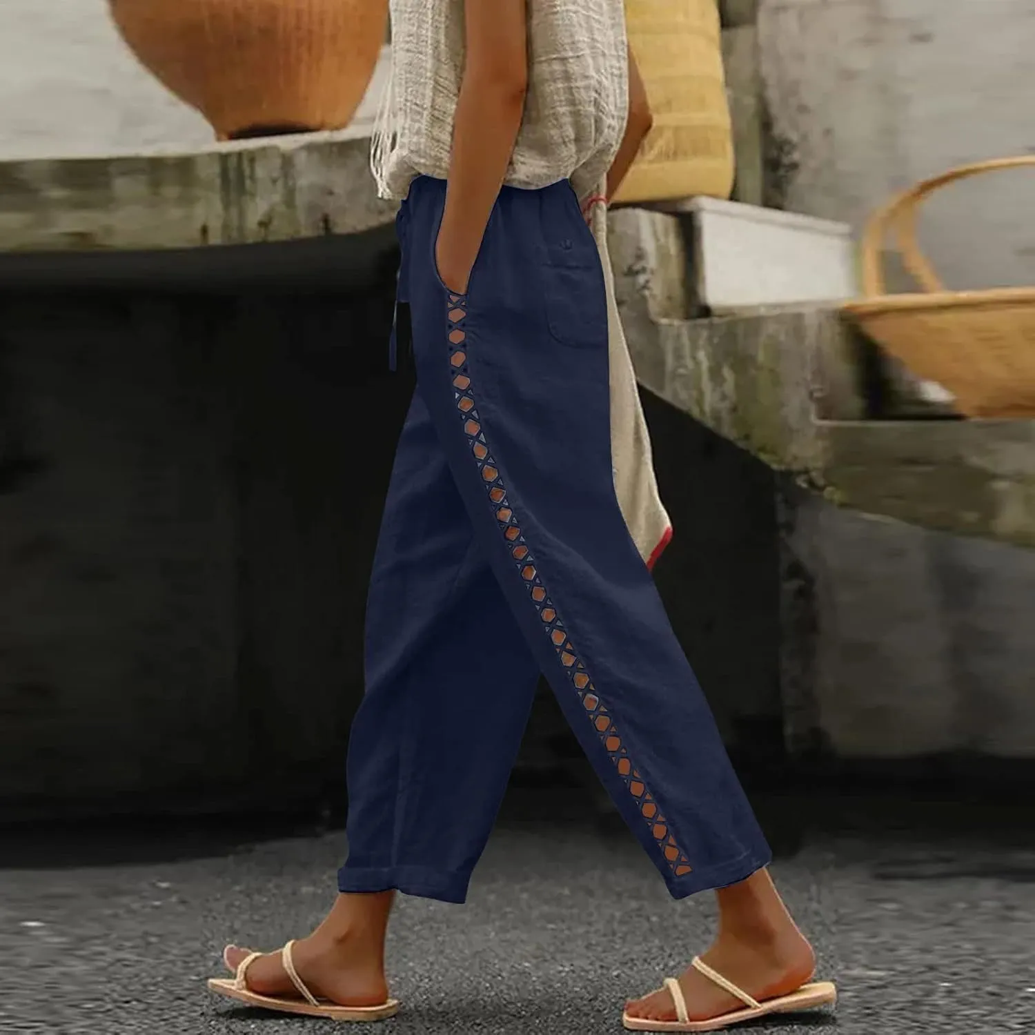 Women's Summer Casual Linen Pants Capris Drawstring Elastic High Waist Cotton Linen Cropped Trousers with Pockets