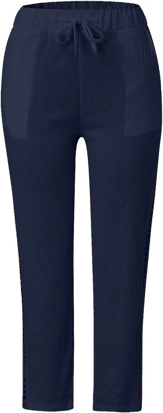 Women's Summer Casual Linen Pants Capris Drawstring Elastic High Waist Cotton Linen Cropped Trousers with Pockets