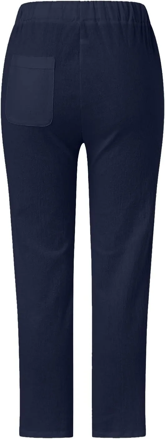 Women's Summer Casual Linen Pants Capris Drawstring Elastic High Waist Cotton Linen Cropped Trousers with Pockets