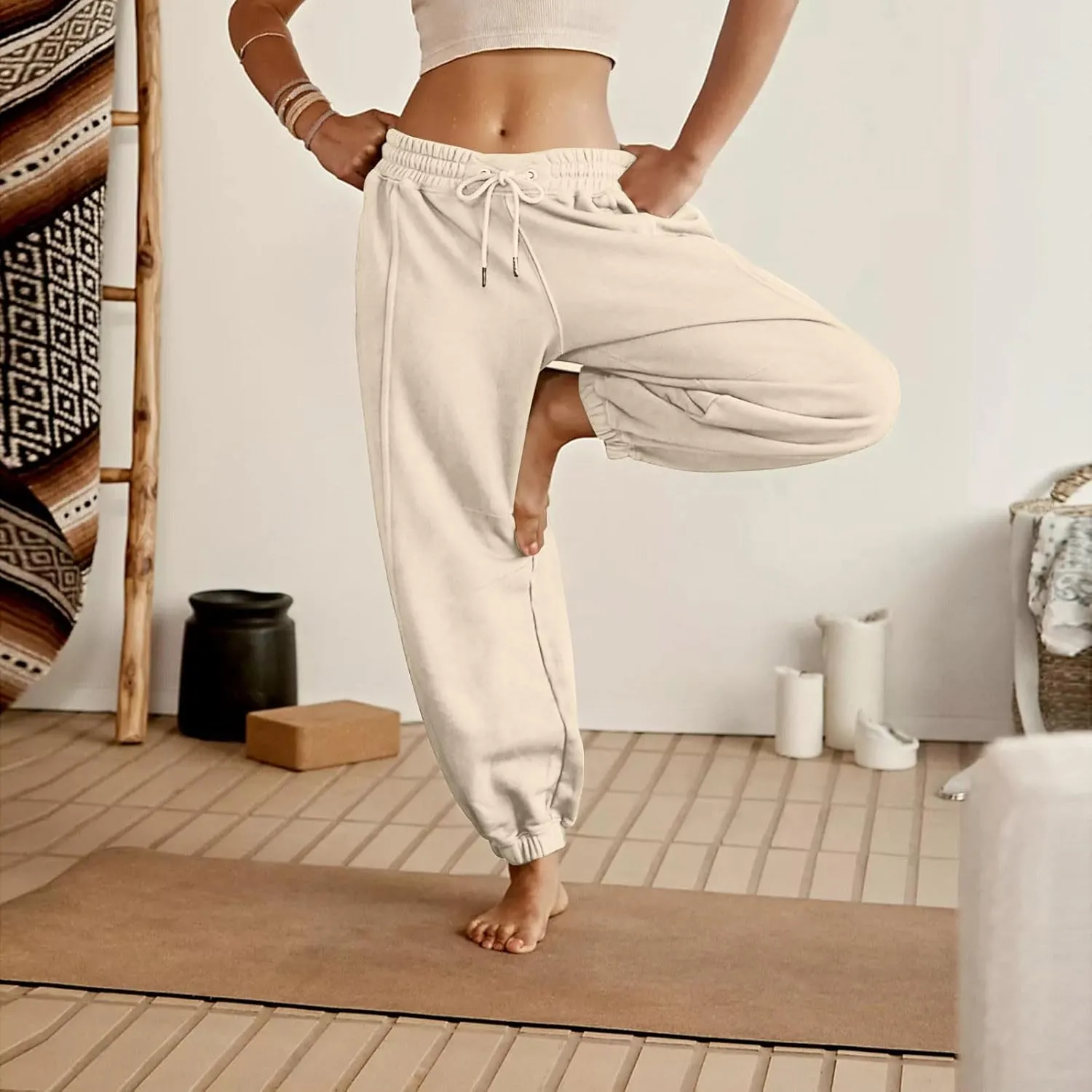 Womens Sweatpants Joggers Elastic High Waist Drawstring Lightweight Office Pants Slim Fit Trousers with Pocket 2024