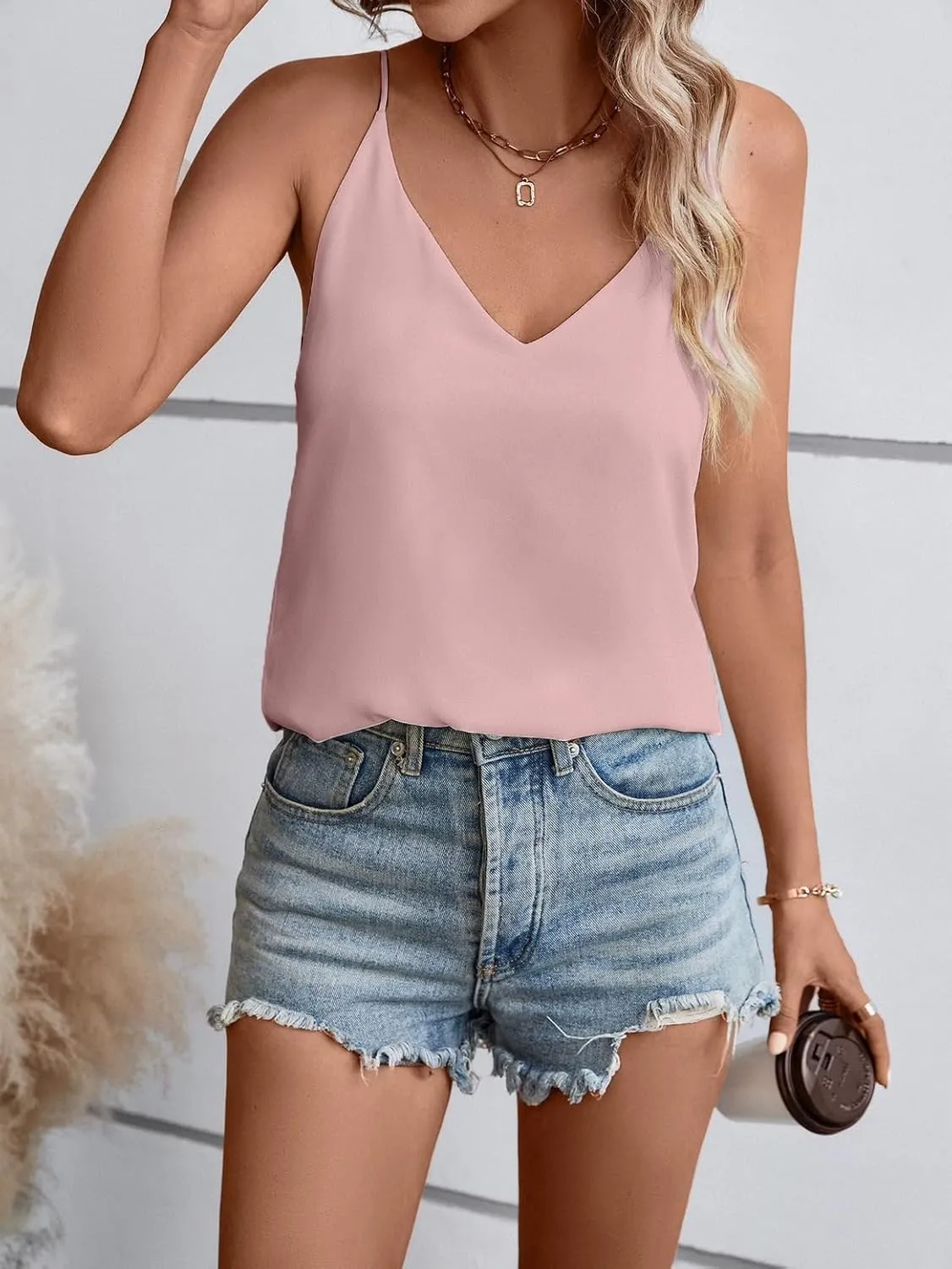 Womens V Neck Spaghetti Strap Tank Tops Dressy Casual Camisole Blouses Sleeveless Loose Cami Basic Tank Shirt