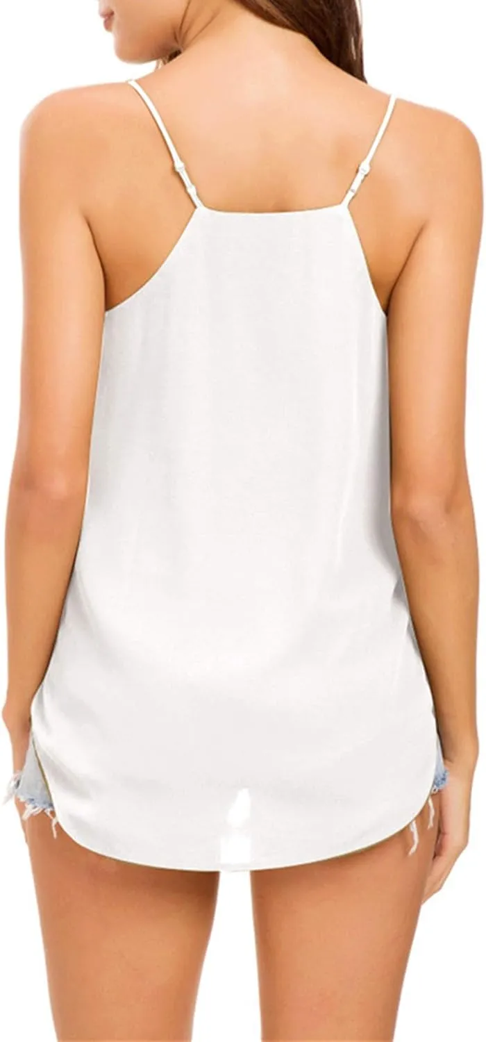 Womens V Neck Spaghetti Strap Tank Tops Dressy Casual Camisole Blouses Sleeveless Loose Cami Basic Tank Shirt