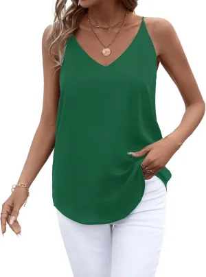 Womens V Neck Spaghetti Strap Tank Tops Dressy Casual Camisole Blouses Sleeveless Loose Cami Basic Tank Shirt