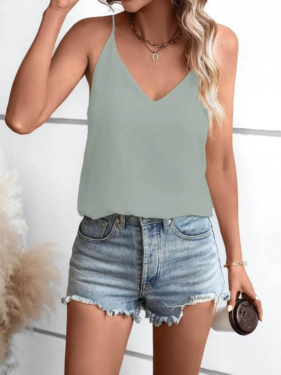 Womens V Neck Spaghetti Strap Tank Tops Dressy Casual Camisole Blouses Sleeveless Loose Cami Basic Tank Shirt