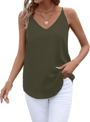Womens V Neck Spaghetti Strap Tank Tops Dressy Casual Camisole Blouses Sleeveless Loose Cami Basic Tank Shirt