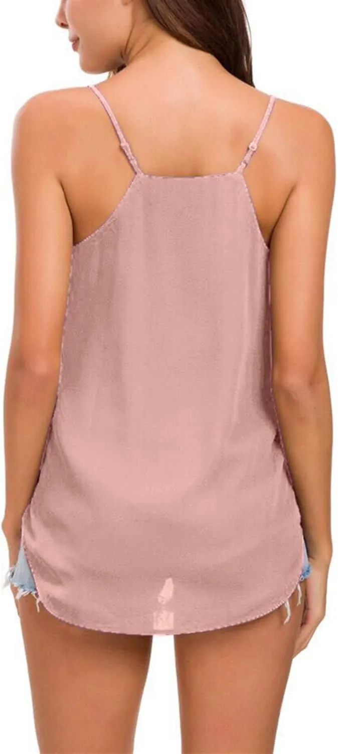Womens V Neck Spaghetti Strap Tank Tops Dressy Casual Camisole Blouses Sleeveless Loose Cami Basic Tank Shirt
