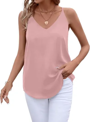 Womens V Neck Spaghetti Strap Tank Tops Dressy Casual Camisole Blouses Sleeveless Loose Cami Basic Tank Shirt