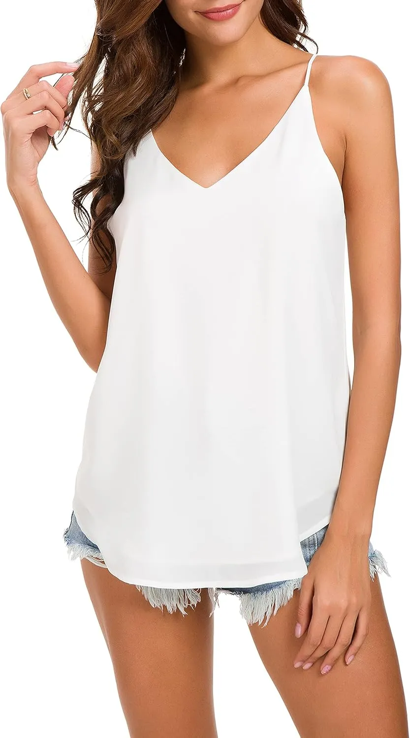 Womens V Neck Spaghetti Strap Tank Tops Dressy Casual Camisole Blouses Sleeveless Loose Cami Basic Tank Shirt
