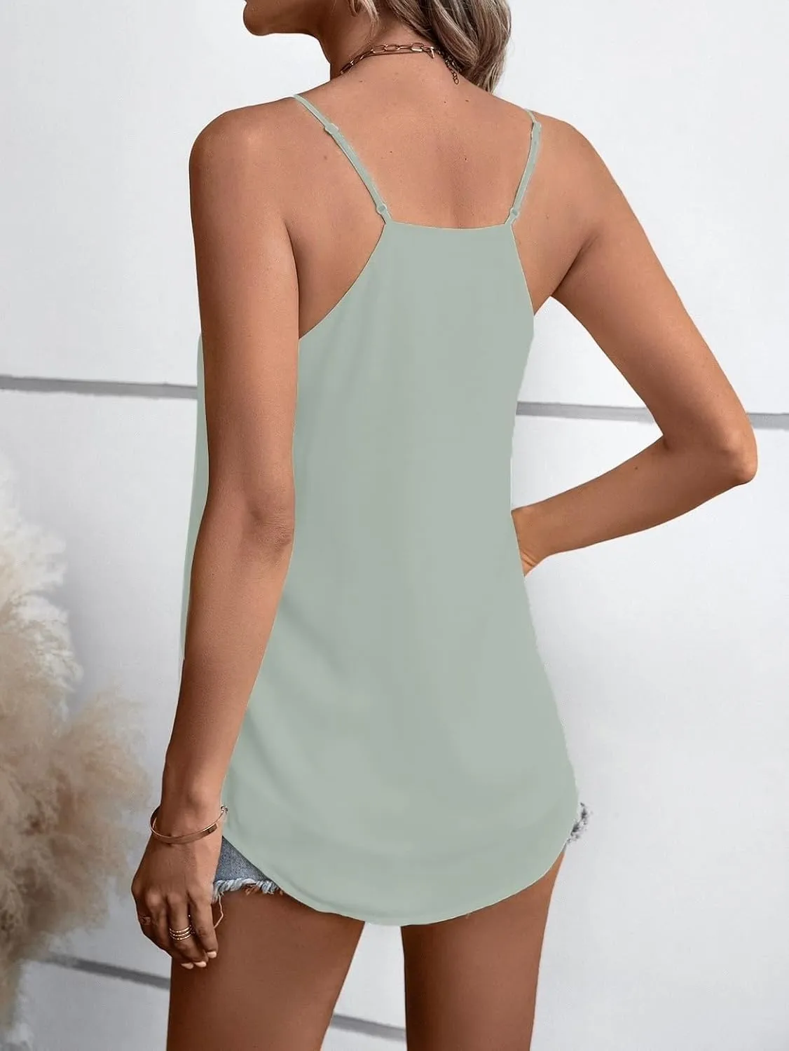 Womens V Neck Spaghetti Strap Tank Tops Dressy Casual Camisole Blouses Sleeveless Loose Cami Basic Tank Shirt