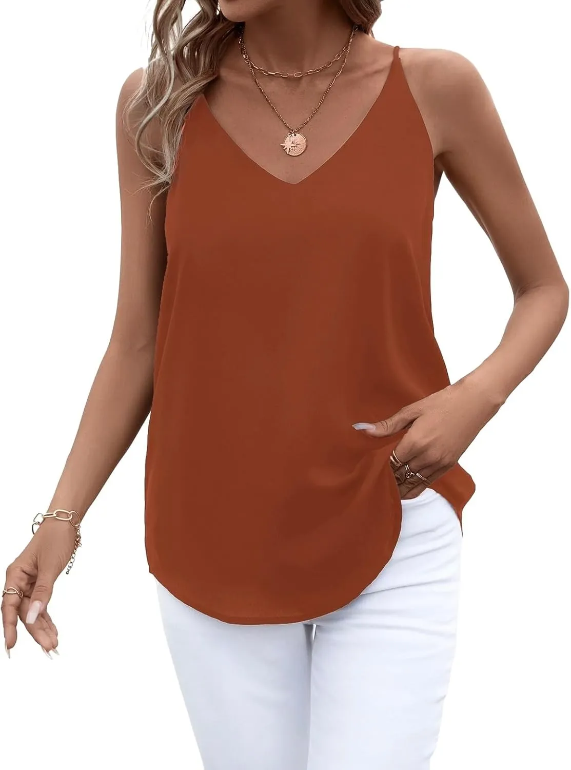 Womens V Neck Spaghetti Strap Tank Tops Dressy Casual Camisole Blouses Sleeveless Loose Cami Basic Tank Shirt