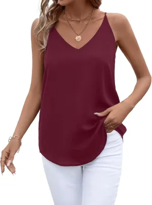 Womens V Neck Spaghetti Strap Tank Tops Dressy Casual Camisole Blouses Sleeveless Loose Cami Basic Tank Shirt