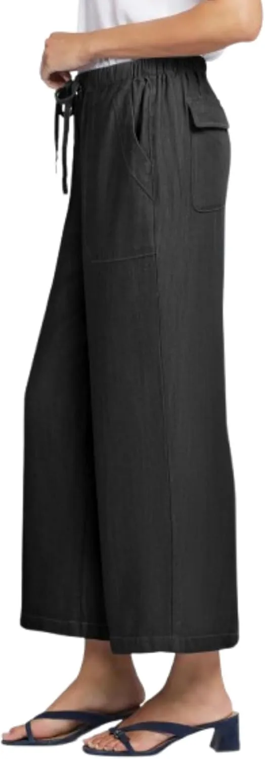 Women's Wide Leg Baggy Cropped Jeans with Elastic Waist Pull On Lightweight Loose Fit Denim Pants with Pockets