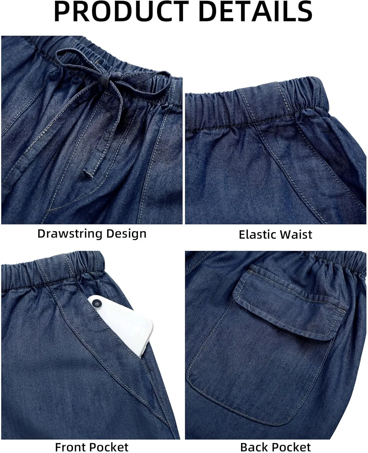 Women's Wide Leg Baggy Cropped Jeans with Elastic Waist Pull On Lightweight Loose Fit Denim Pants with Pockets