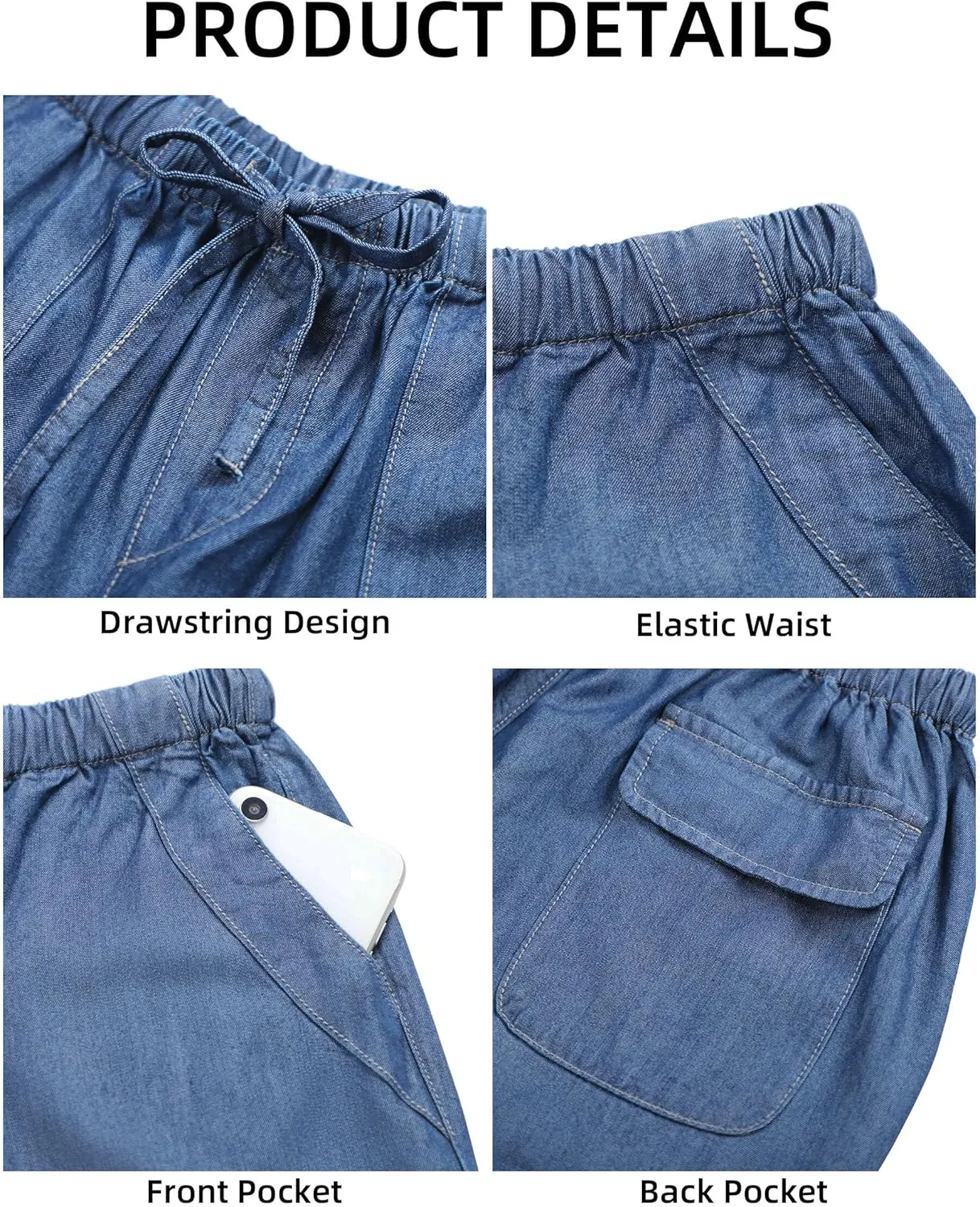 Women's Wide Leg Baggy Cropped Jeans with Elastic Waist Pull On Lightweight Loose Fit Denim Pants with Pockets