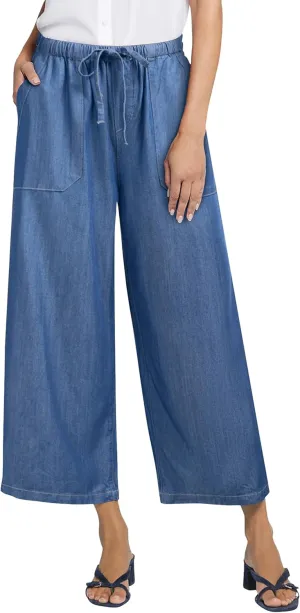 Women's Wide Leg Baggy Cropped Jeans with Elastic Waist Pull On Lightweight Loose Fit Denim Pants with Pockets