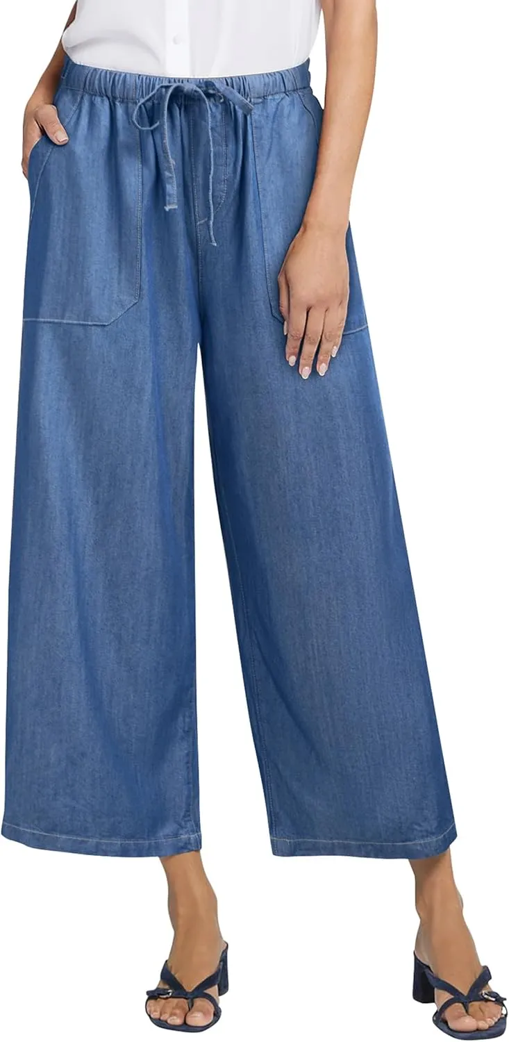 Women's Wide Leg Baggy Cropped Jeans with Elastic Waist Pull On Lightweight Loose Fit Denim Pants with Pockets