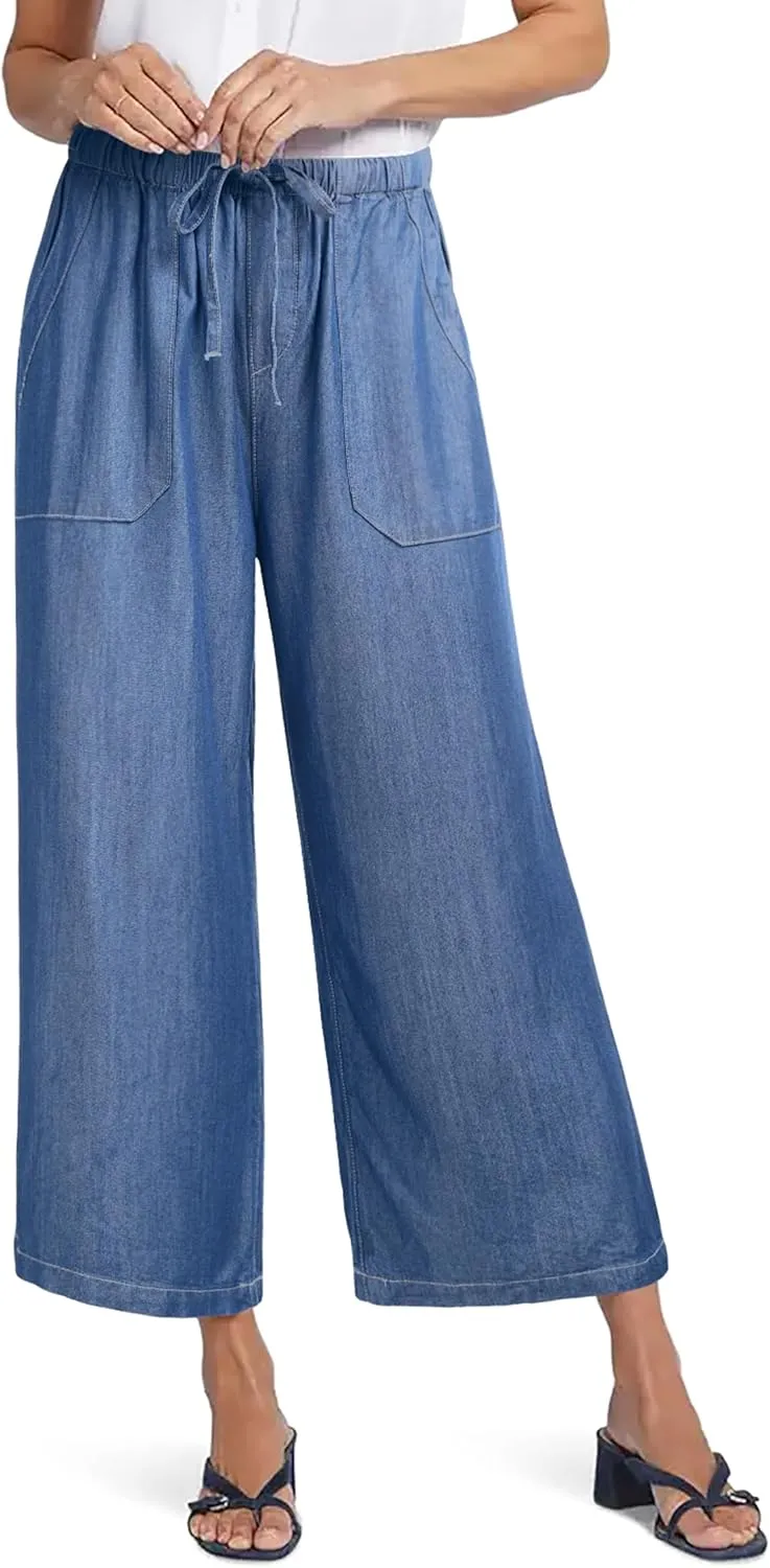 Women's Wide Leg Baggy Cropped Jeans with Elastic Waist Pull On Lightweight Loose Fit Denim Pants with Pockets