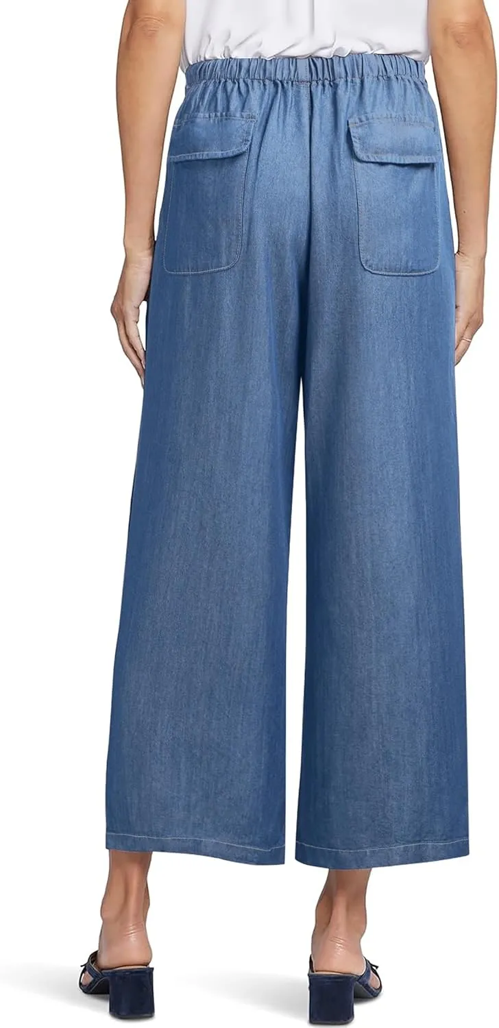 Women's Wide Leg Baggy Cropped Jeans with Elastic Waist Pull On Lightweight Loose Fit Denim Pants with Pockets
