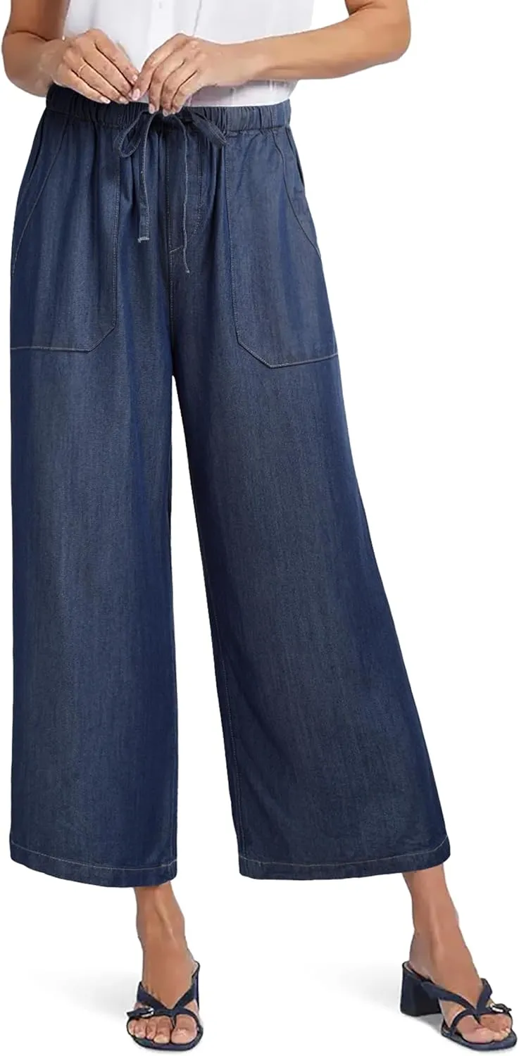 Women's Wide Leg Baggy Cropped Jeans with Elastic Waist Pull On Lightweight Loose Fit Denim Pants with Pockets
