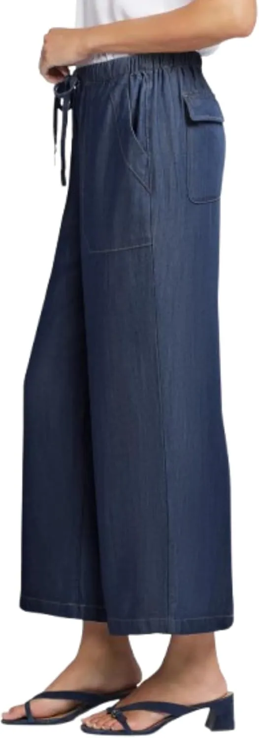 Women's Wide Leg Baggy Cropped Jeans with Elastic Waist Pull On Lightweight Loose Fit Denim Pants with Pockets