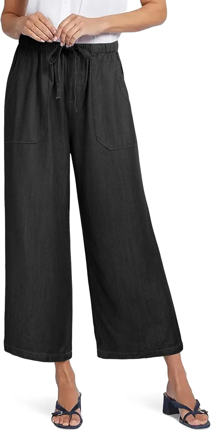 Women's Wide Leg Baggy Cropped Jeans with Elastic Waist Pull On Lightweight Loose Fit Denim Pants with Pockets