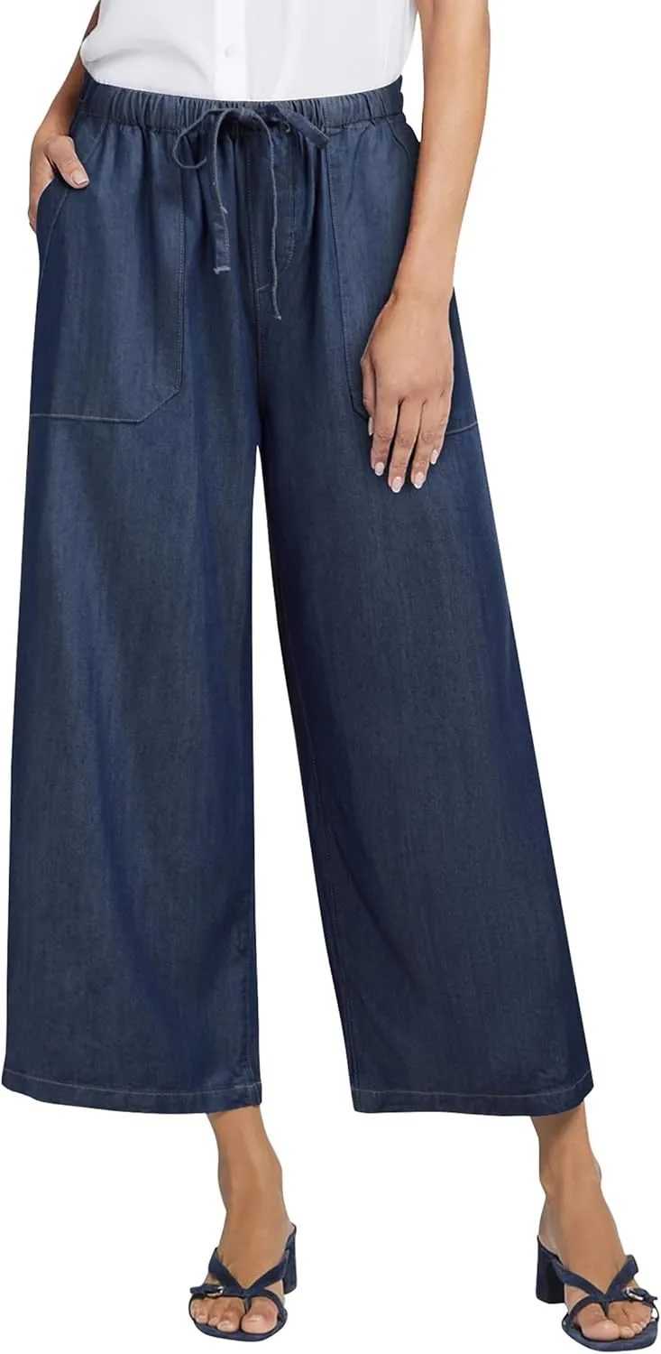 Women's Wide Leg Baggy Cropped Jeans with Elastic Waist Pull On Lightweight Loose Fit Denim Pants with Pockets