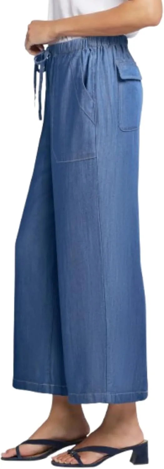 Women's Wide Leg Baggy Cropped Jeans with Elastic Waist Pull On Lightweight Loose Fit Denim Pants with Pockets