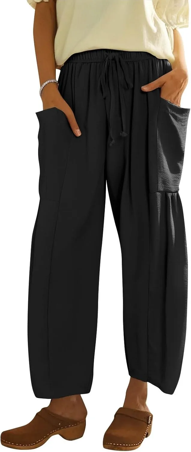 Women's Wide Leg Pants Comfy Casual Loose Fit Drawstring Flowy Summer Beach Palazzo Harem Pants with Pockets