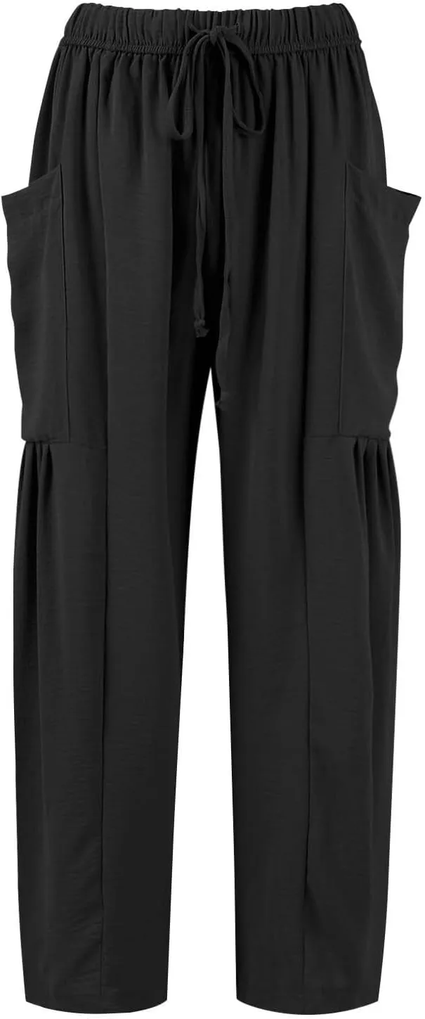 Women's Wide Leg Pants Comfy Casual Loose Fit Drawstring Flowy Summer Beach Palazzo Harem Pants with Pockets