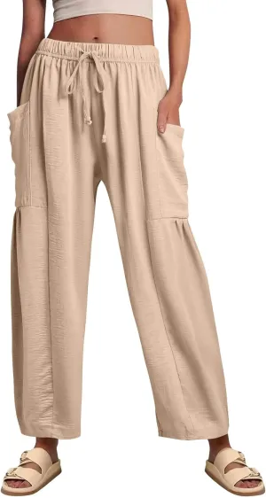 Women's Wide Leg Pants Comfy Casual Loose Fit Drawstring Flowy Summer Beach Palazzo Harem Pants with Pockets