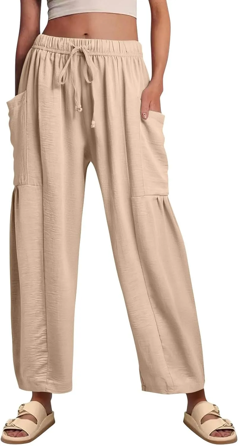 Women's Wide Leg Pants Comfy Casual Loose Fit Drawstring Flowy Summer Beach Palazzo Harem Pants with Pockets