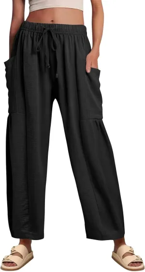 Women's Wide Leg Pants Comfy Casual Loose Fit Drawstring Flowy Summer Beach Palazzo Harem Pants with Pockets