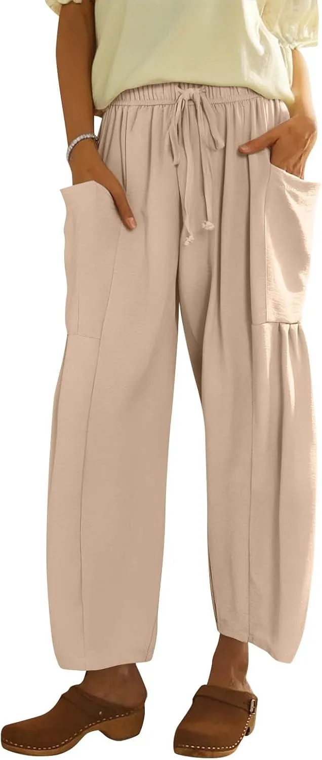 Women's Wide Leg Pants Comfy Casual Loose Fit Drawstring Flowy Summer Beach Palazzo Harem Pants with Pockets
