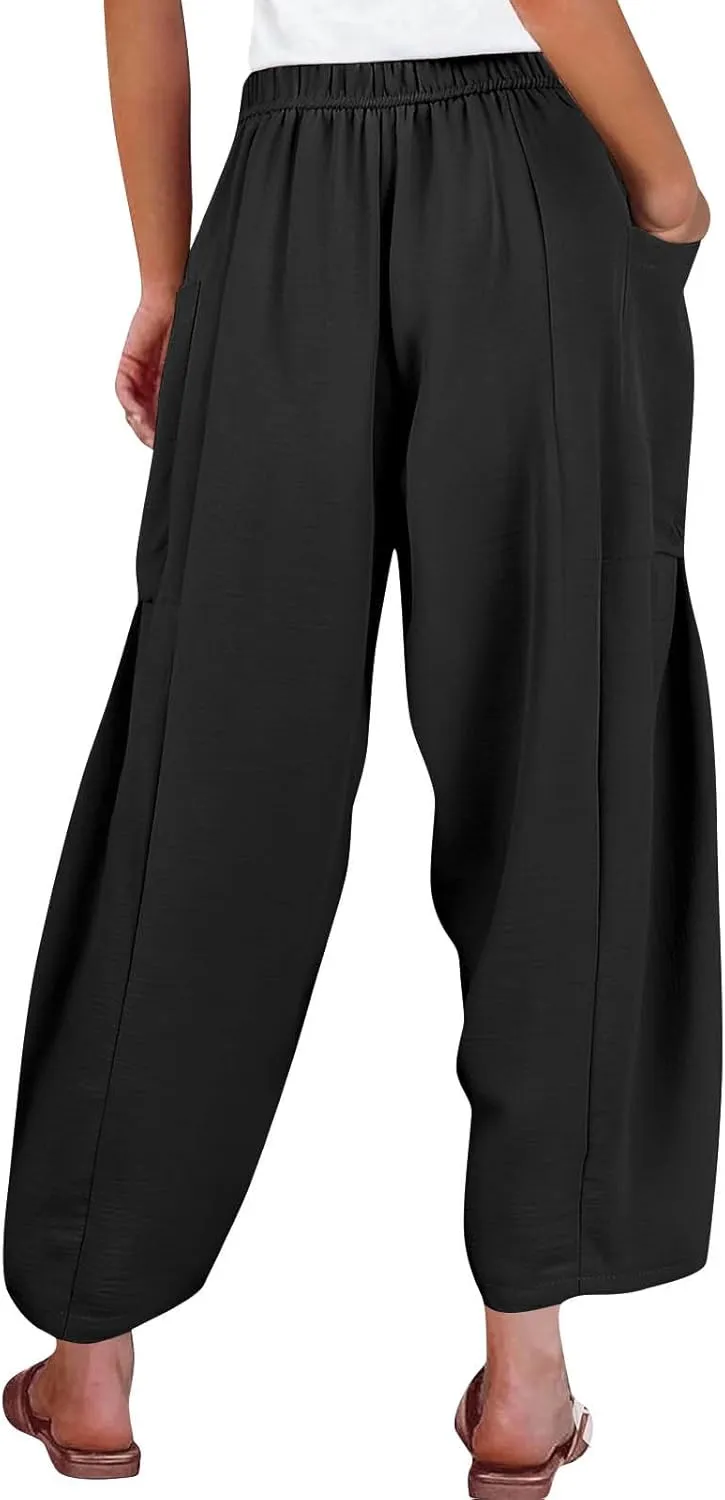 Women's Wide Leg Pants Comfy Casual Loose Fit Drawstring Flowy Summer Beach Palazzo Harem Pants with Pockets