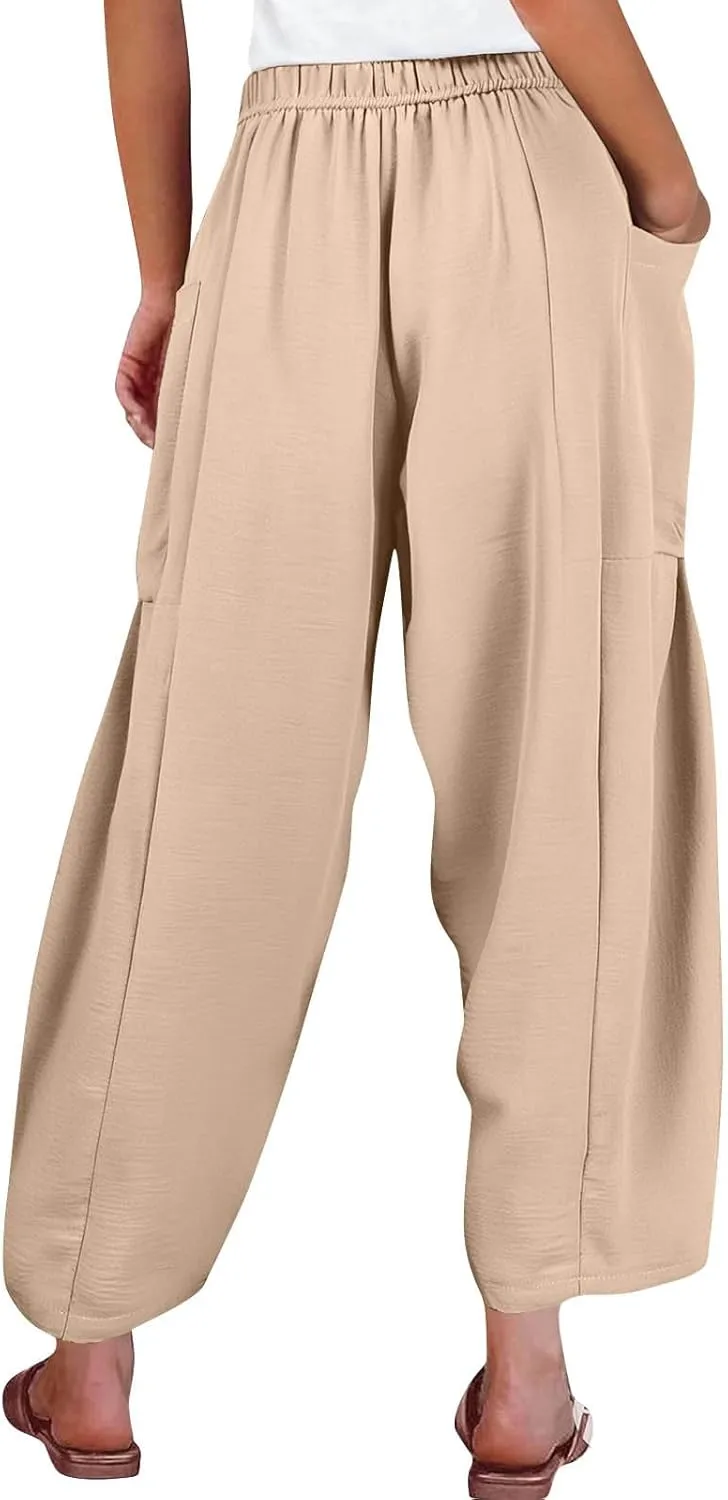 Women's Wide Leg Pants Comfy Casual Loose Fit Drawstring Flowy Summer Beach Palazzo Harem Pants with Pockets