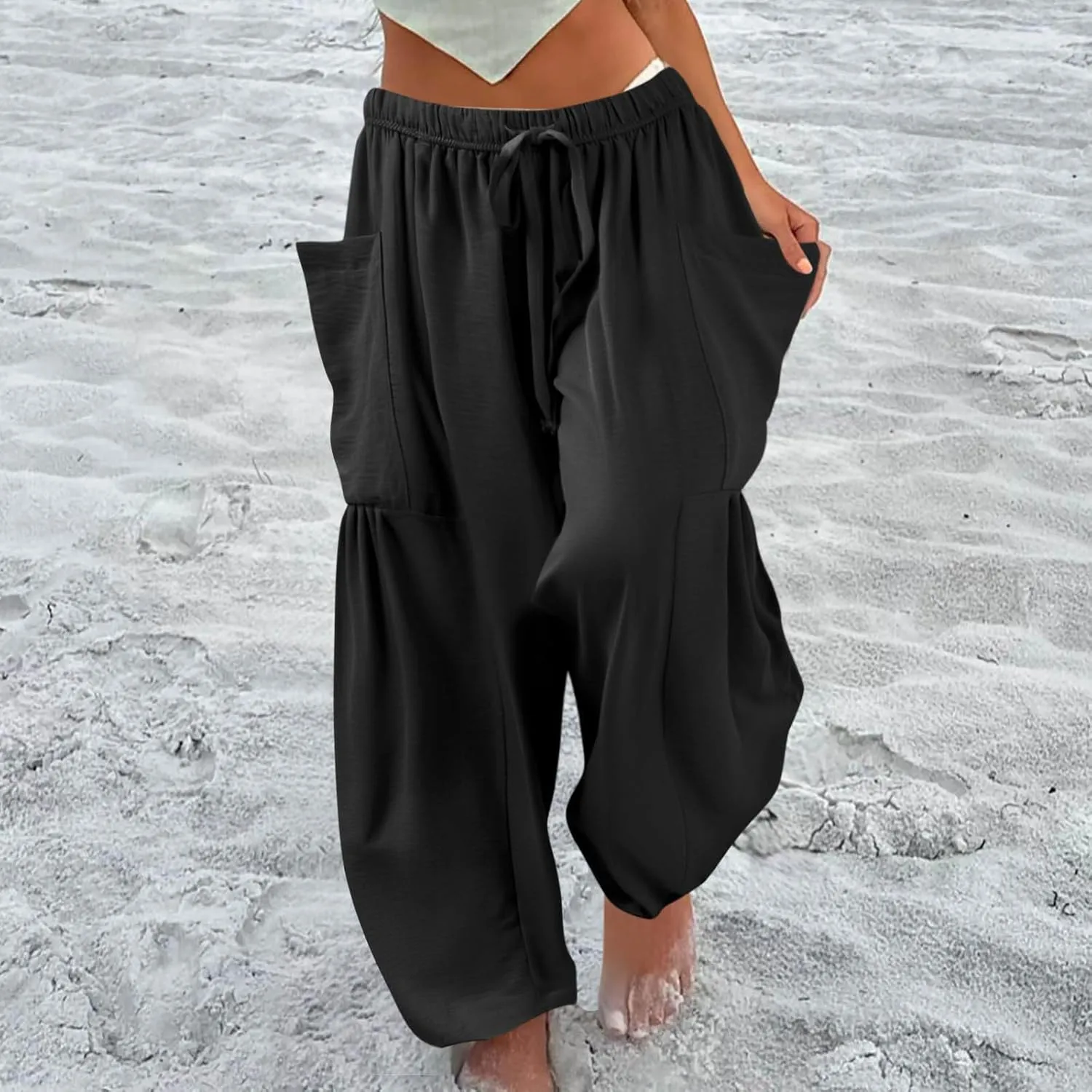 Women's Wide Leg Pants Comfy Casual Loose Fit Drawstring Flowy Summer Beach Palazzo Harem Pants with Pockets