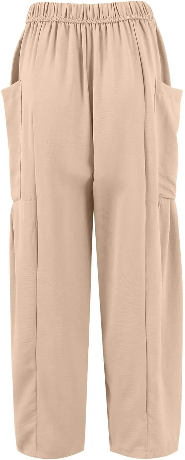 Women's Wide Leg Pants Comfy Casual Loose Fit Drawstring Flowy Summer Beach Palazzo Harem Pants with Pockets