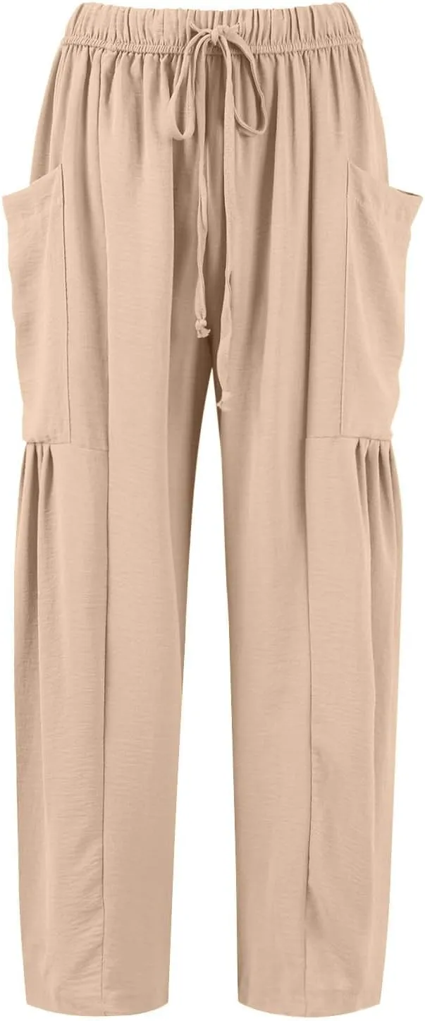 Women's Wide Leg Pants Comfy Casual Loose Fit Drawstring Flowy Summer Beach Palazzo Harem Pants with Pockets