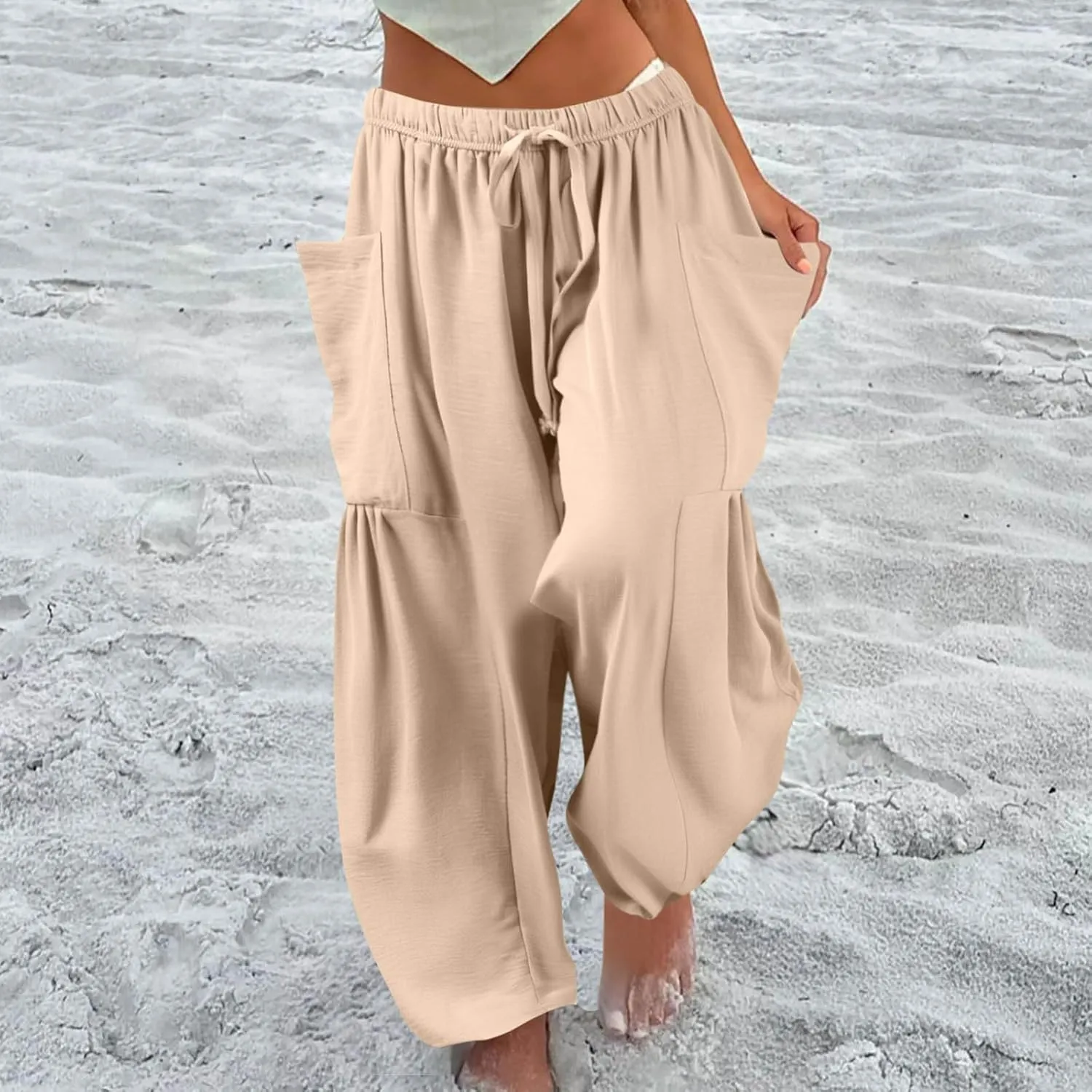 Women's Wide Leg Pants Comfy Casual Loose Fit Drawstring Flowy Summer Beach Palazzo Harem Pants with Pockets