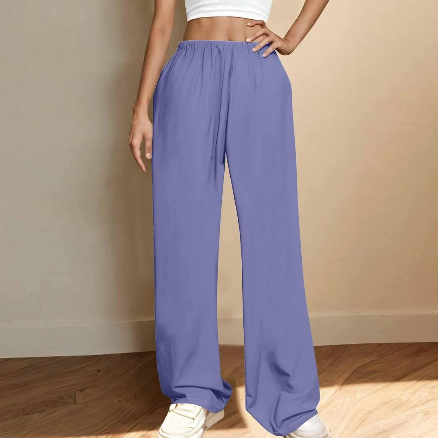 Womens Wide Leg Yoga Pants Linen Elastic High Waist Drawstring Lounge Trousers Summer Boho Flowy Slacks