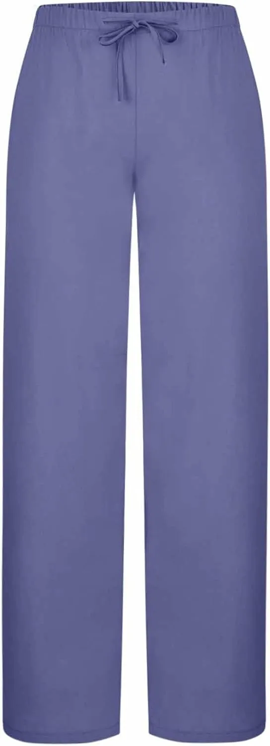 Womens Wide Leg Yoga Pants Linen Elastic High Waist Drawstring Lounge Trousers Summer Boho Flowy Slacks
