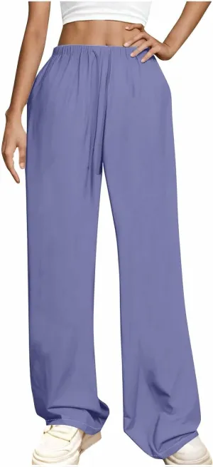 Womens Wide Leg Yoga Pants Linen Elastic High Waist Drawstring Lounge Trousers Summer Boho Flowy Slacks