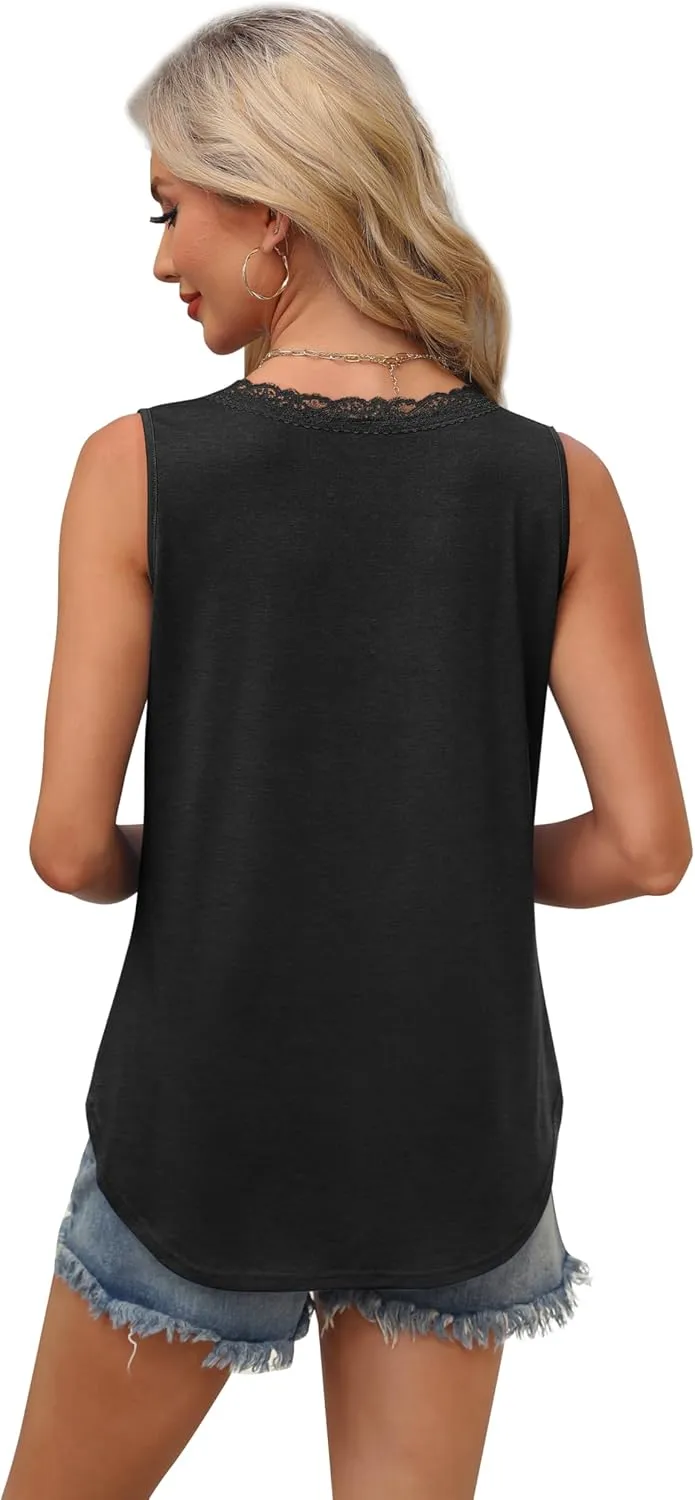 XIEERDUO Womens Lace V Neck Tank Tops Summer Spring Sleeveless Shirts Casual Flowy Clothes Trendy Outfits (S-3XL)