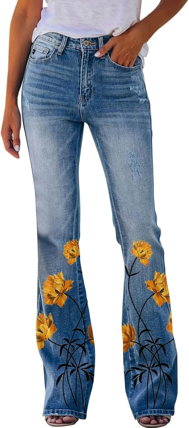 YOLAI Womens Floral Print Bell Bottoms Pants High Waist Flared Denim Trousers Stretch Jeans Pants with Pockets