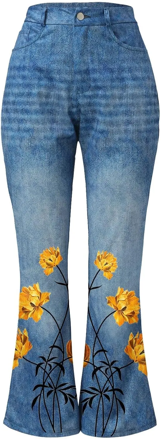 YOLAI Womens Floral Print Bell Bottoms Pants High Waist Flared Denim Trousers Stretch Jeans Pants with Pockets